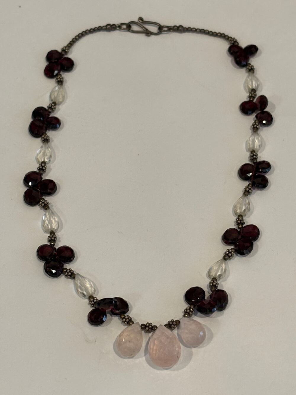 Vintage Sterling Silver Rose Quartz & Garnet Beaded Necklace